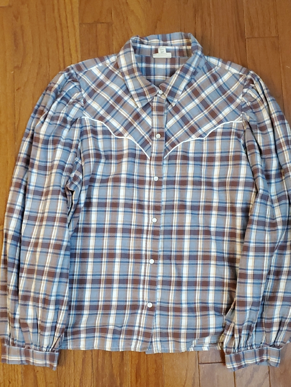 ANA Western Flannel Shirt Womens Plaid Puff Sleeve Pearl Snap Rodeo Size XXL